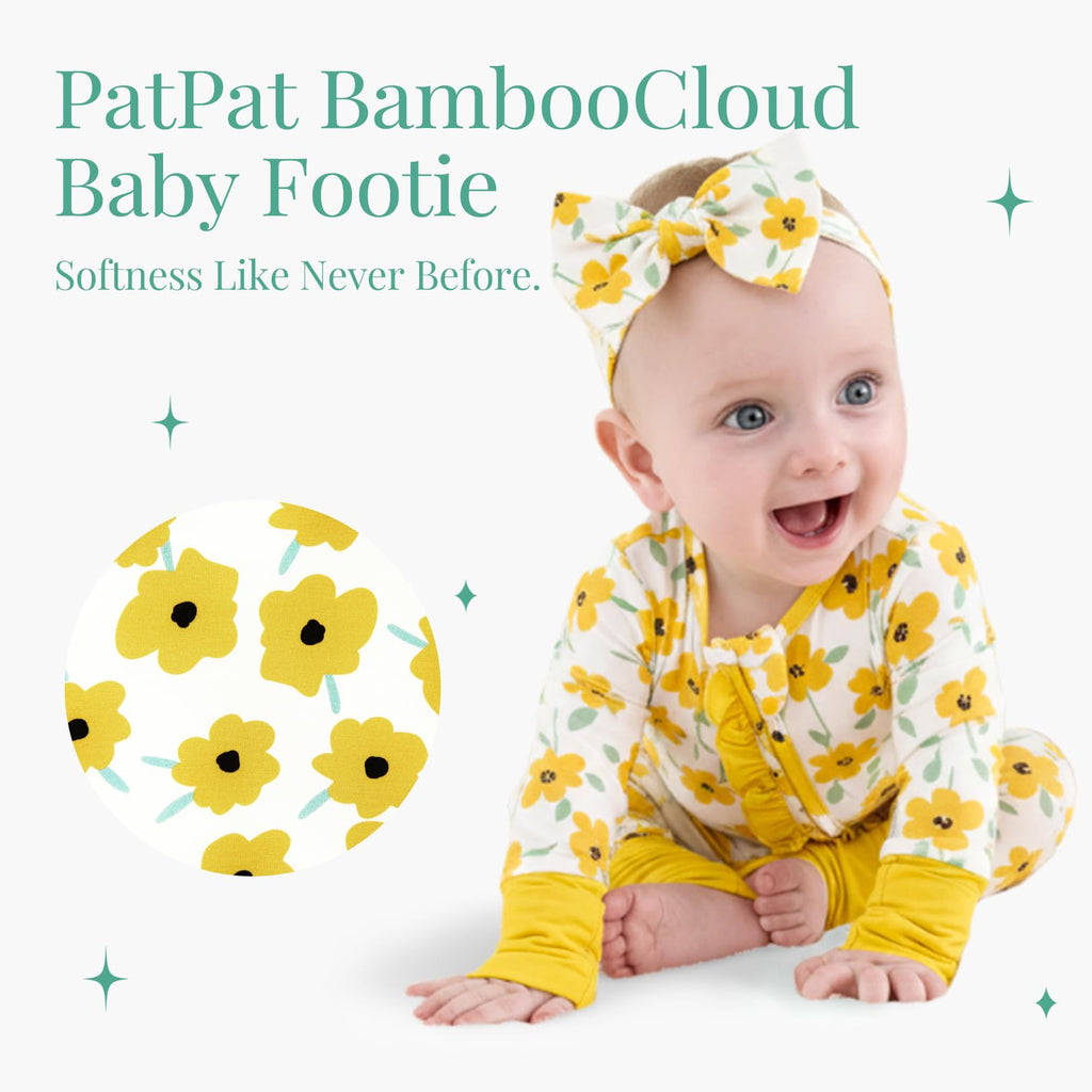 PATPAT Baby Girl Infant Clothes Footie – Soft Viscose from Bamboo, Stretch Feel – 2-Way Ruffled Zipper, Fold-Over Mittens & Cuffs Yellow Flower 3-6 Months