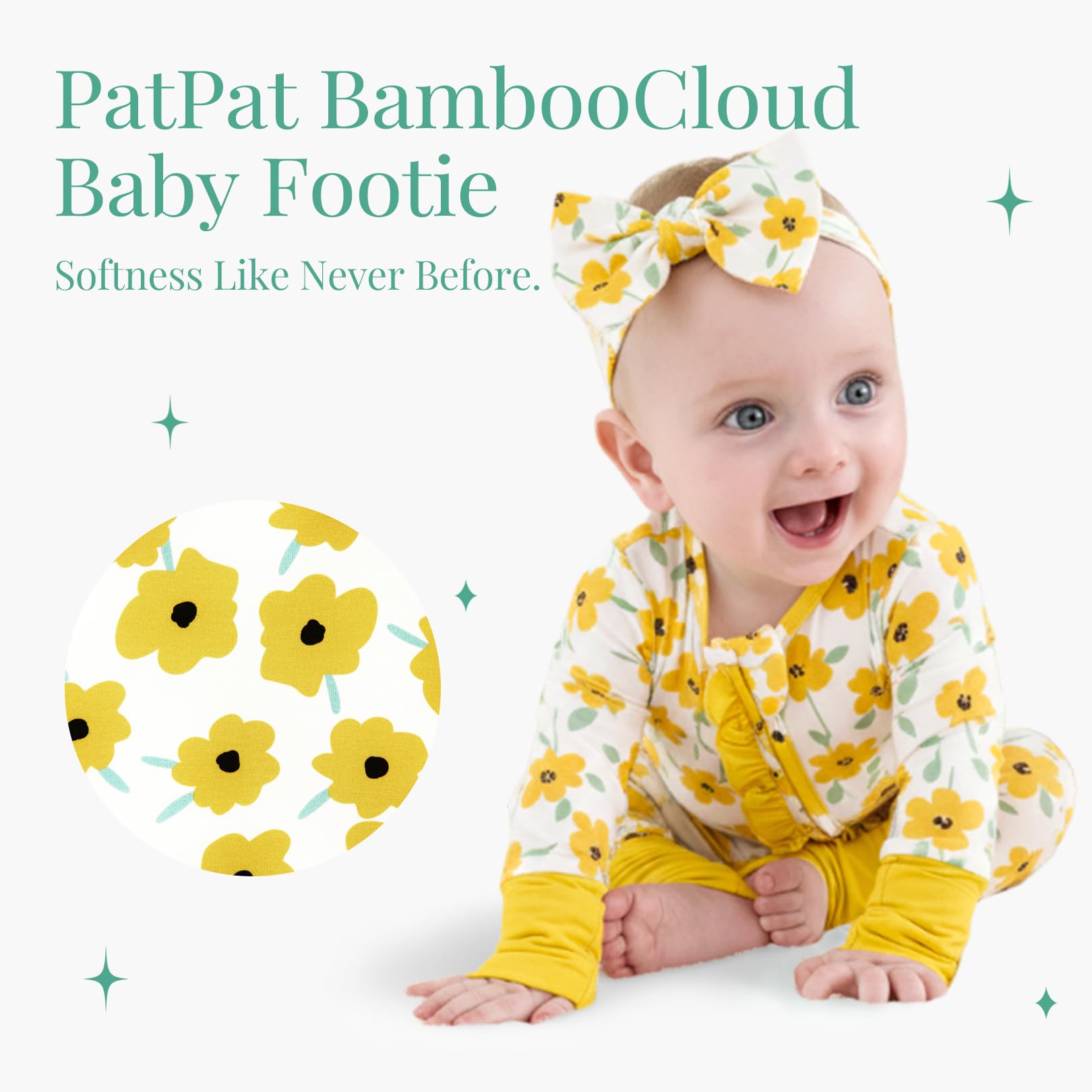 PATPAT Baby Girl Infant Clothes Footie – Soft Viscose from Bamboo, Stretch Feel – 2-Way Ruffled Zipper, Fold-Over Mittens & Cuffs Yellow Flower 3-6 Months