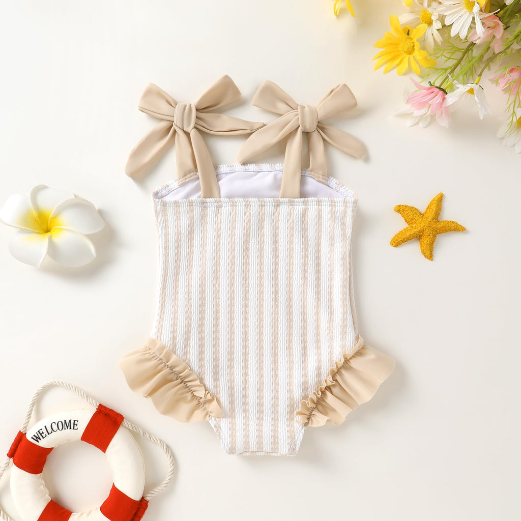 Happy Town Toddler Swimsuit Girl Solid Color Stripe One-Piece Baby Bathing Suits (Beige Almond Stripe, 12-18 Months)