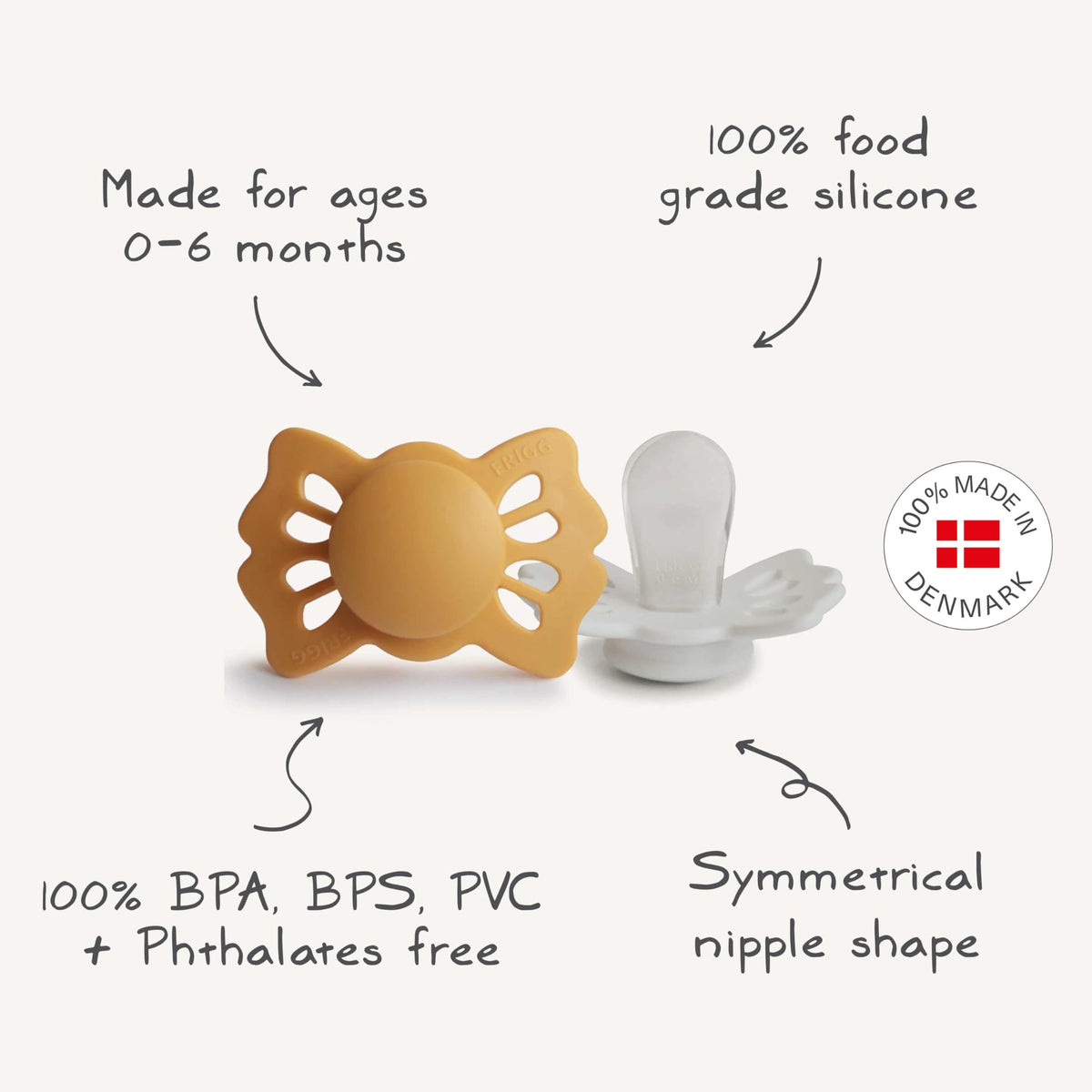 FRIGG Lucky Symmetrical SilkySoft Silicone Baby Pacifier | Made in Denmark | BPA-Free (Cream/Blush, 0-6 Months)