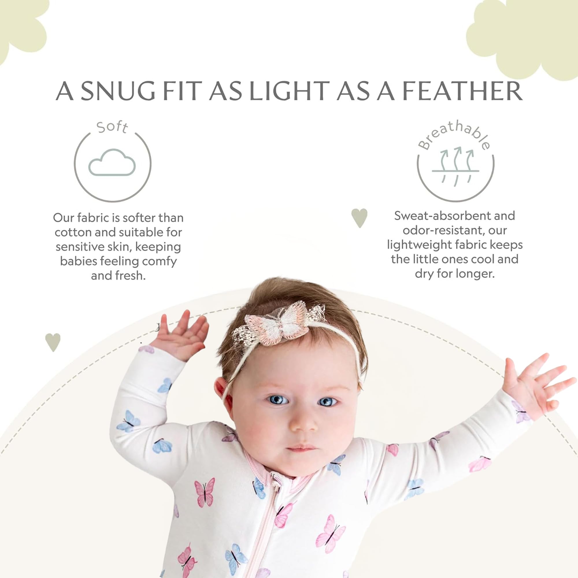 Bamboo Little Soft Baby Footie Pajamas, Baby Clothes, Newborn Sleepers, 95% Viscose and 5% Spandex, Butterfly, 9-12 Months