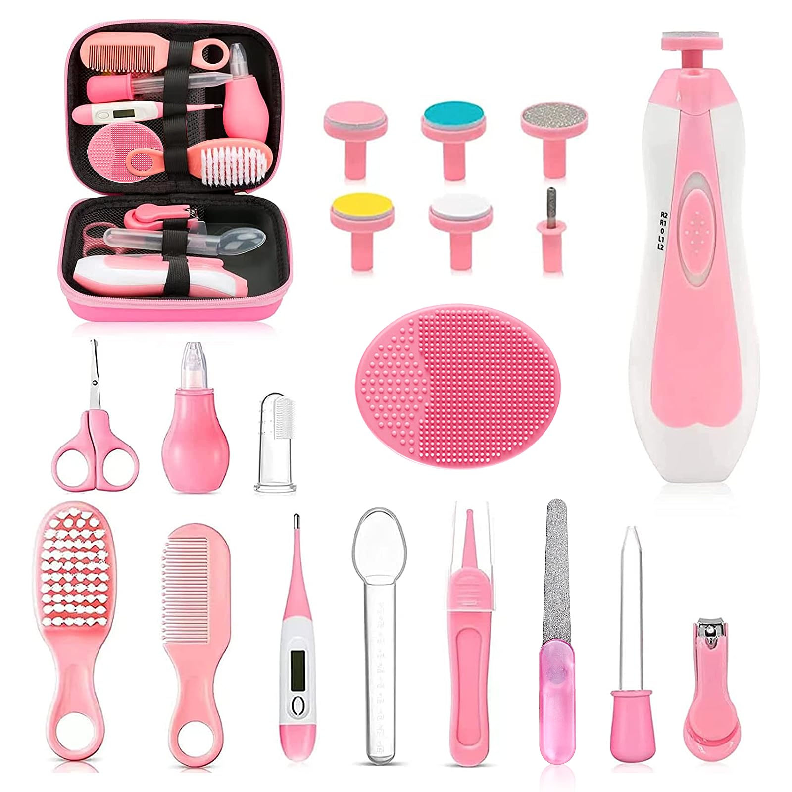 Baby Healthcare and Grooming Kit, 20 in 1 Portable Baby Safety Care Set with Hair Brush Comb Nasal Aspirator Electric Nail Trimmer Set Baby Essentials kit for Newborn Boys Girls (Pink)