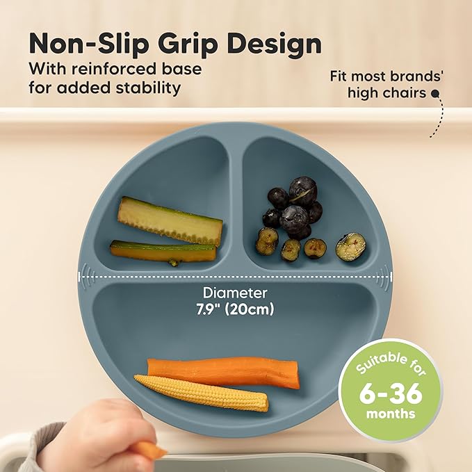 KeaBabies Suction Plates for Baby, Toddler - 3-Pack 100% Silicone Toddler Plates with Suction, Divided, BPA-Free Baby Led Weaning Essentials for Kids, Dishwasher, Microwave Safe, Durable (Desert)