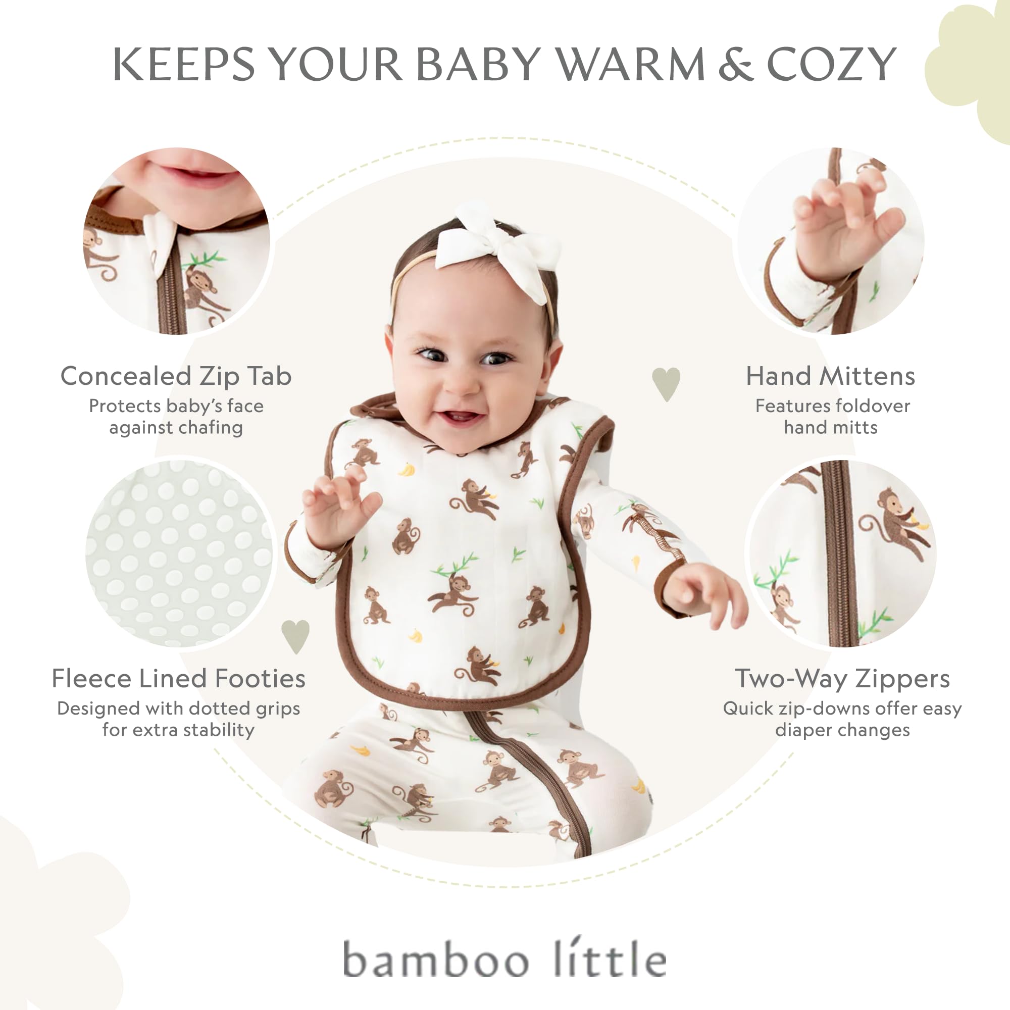 Bamboo Little Soft Baby Footie Pajamas, Monkey, 6-9 Months