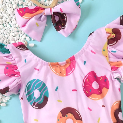3-4T Toddler Baby Girl Donut Swimsuit One Piece Ruffles Swimwear Bathing Set Size 3-4 Pink