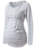 GINKANA Womens Maternity Hoodie Top Sweatshirt Long Sleeve Pregnancy Tunic Top,White with Grey Stripe,Medium