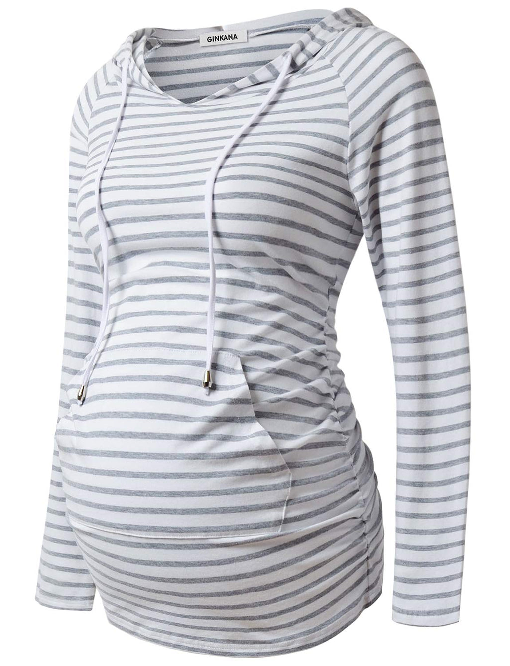 GINKANA Womens Maternity Hoodie Top Sweatshirt Long Sleeve Pregnancy Tunic Top,White with Grey Stripe,Small