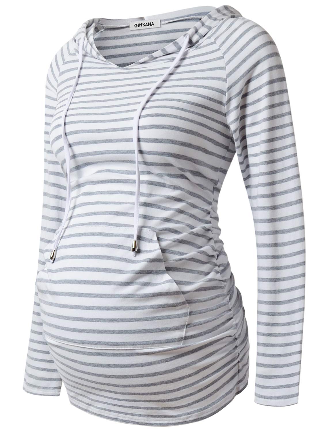 GINKANA Womens Maternity Hoodie Top Sweatshirt Long Sleeve Pregnancy Tunic Top,White with Grey Stripe,Small