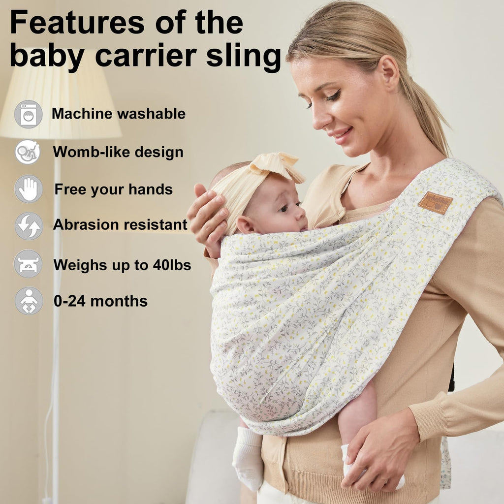 vrbabies Baby Sling Carrier Newborn, Adjustable Easy Wearing Baby Nursing Warp Sling, New Mom Dad Soft Cotton Baby Front Holder Carrier for Infant Toddler Life Travel Essential Gifts (Yellow Flower)