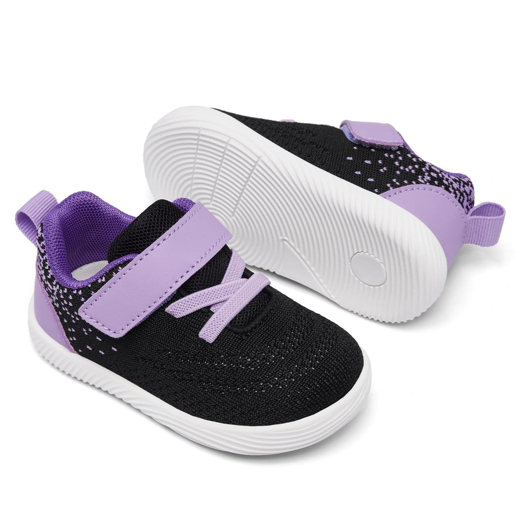 MORENDL Toddler Sneakers Baby Boys & Girls Barefoot Shoes Lightweight Breathable Walking Running Tennis Athletic Sport Shoes Black Purple 18-24 Months Size 6.5