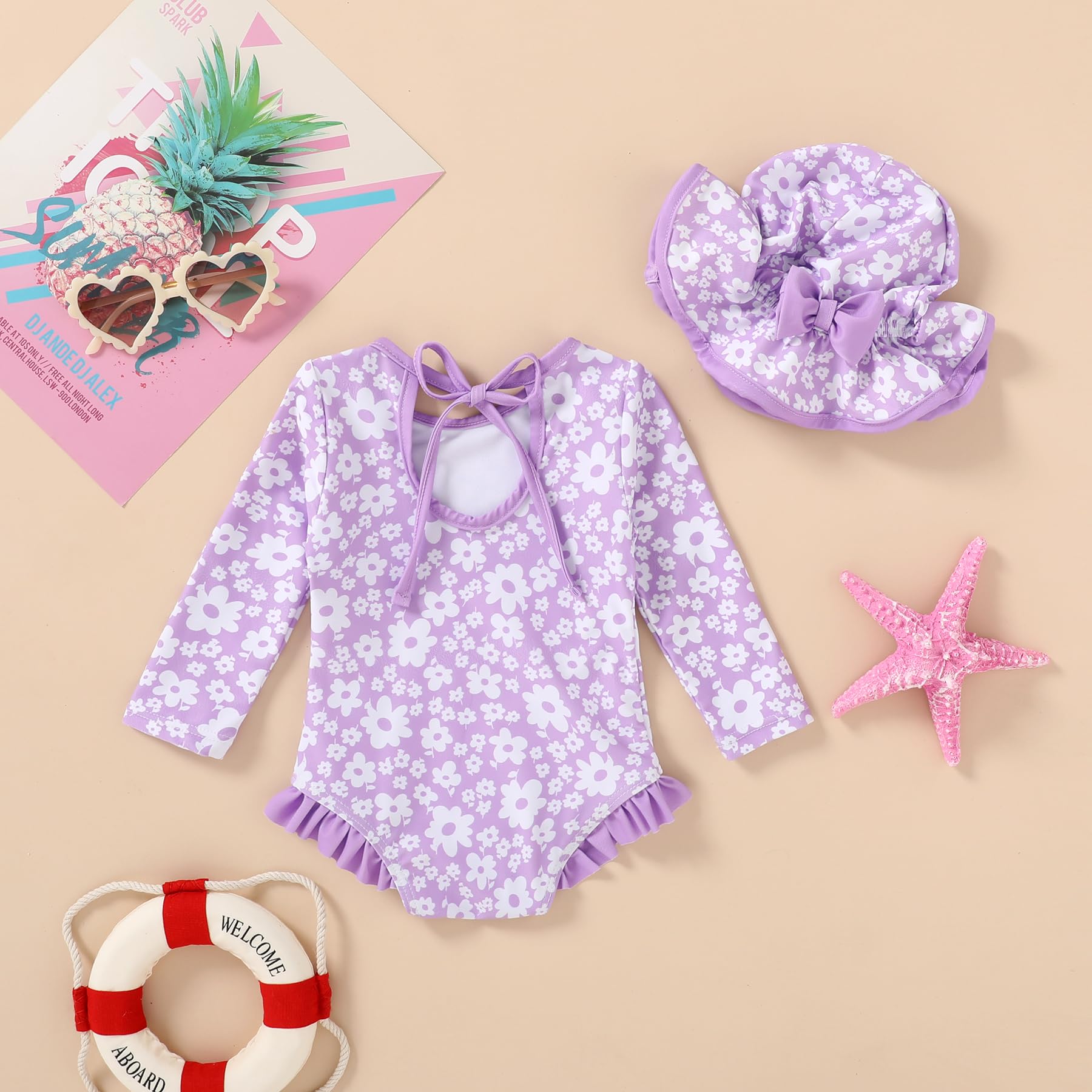 Infant Baby Girls Long Sleeve One Piece Swimsuit with Hat Floral Zipper Bathing Suit Leopard Beach Wear (Purple Floral Fragments，3-6Months)