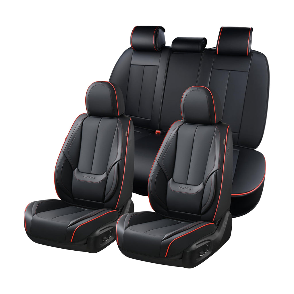 Coverado Car Seat Covers Full Set, Seat Covers for Cars, Black Car Seat Protector Waterproof, Nappa Leather Car Seat Cushion, Car Seat Covers Front Seats and Back Fit for Most Cars