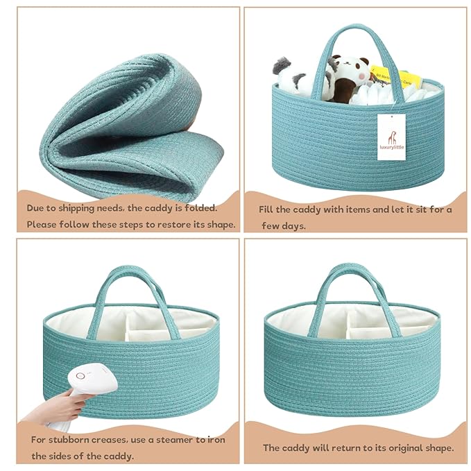 Baby Diaper Caddy Organizer, Large Cotton Rope Nursery Diaper Basket, Changing Table Organizer, Portable Tote Bag with Divider, Car Storage, Baby Shower Gifts for Newborn Girls - Lake Blue