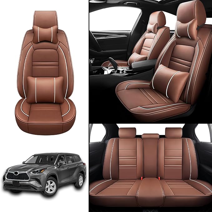 Car Seat Covers for Toyota Highlander 2001-2025 | 5-Seats Seat Covers, Waterproof Seat Protectors, Automotive Seat Covers (Full Set with Pillow,Coffee)