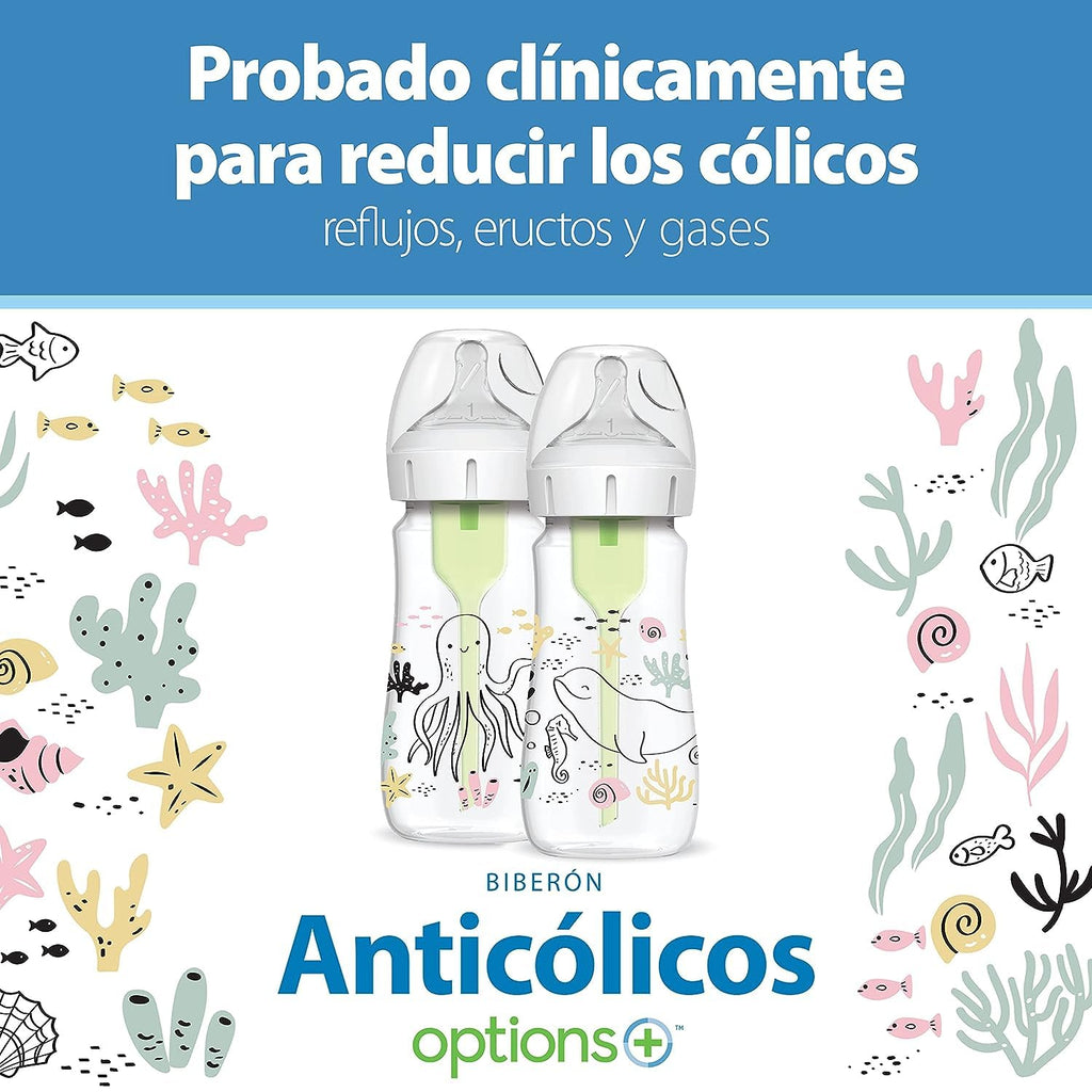 Dr. Brown's Anti-Colic Options+ Wide-Neck Baby Bottles, Ocean, 2-Pack