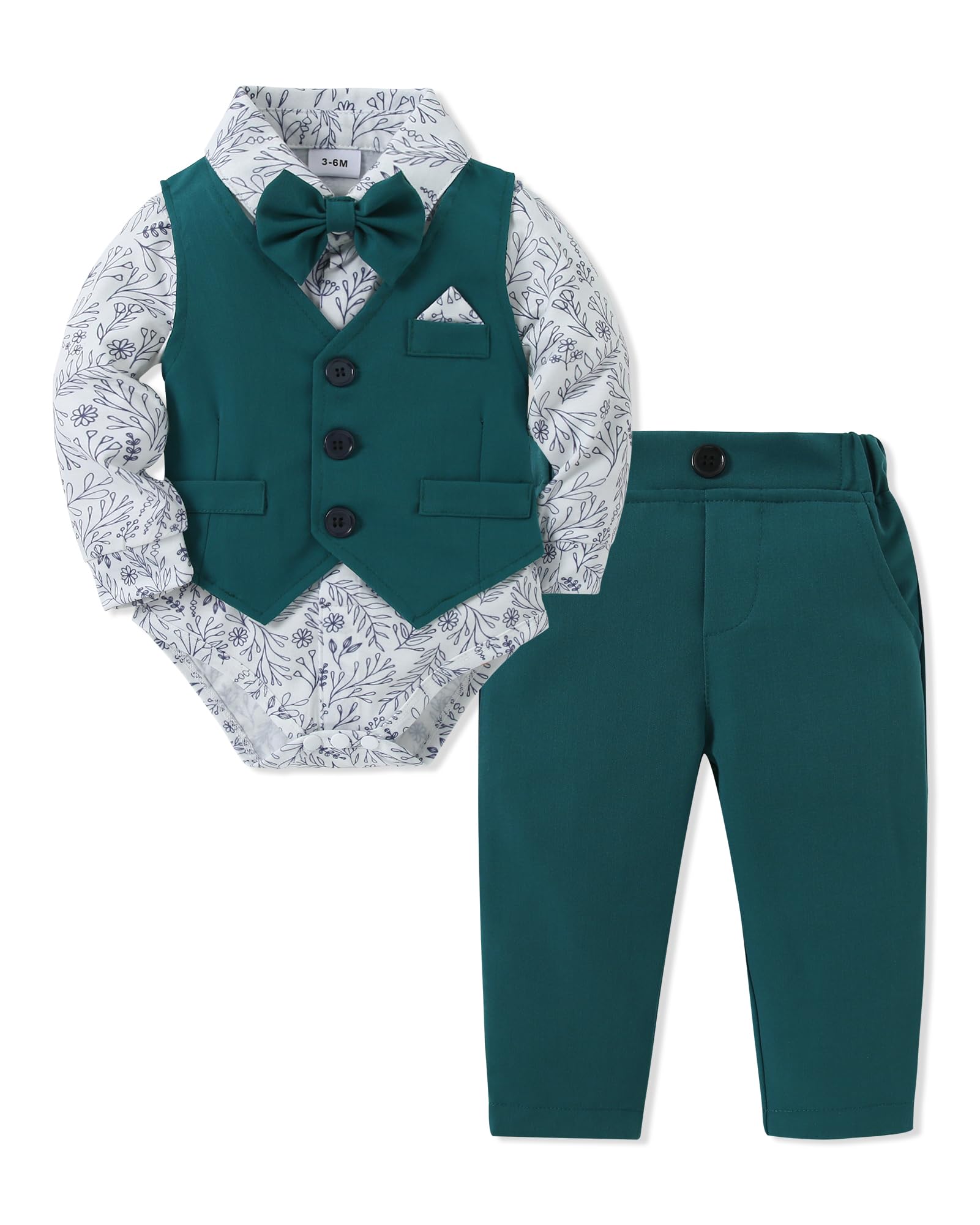 DISAUR Christening Outfits For Boys Long Sleeve Infant White Flower Shirt Green Vest Pants Bow Tie Newborn Suit For Baby Boy 3 6 Months