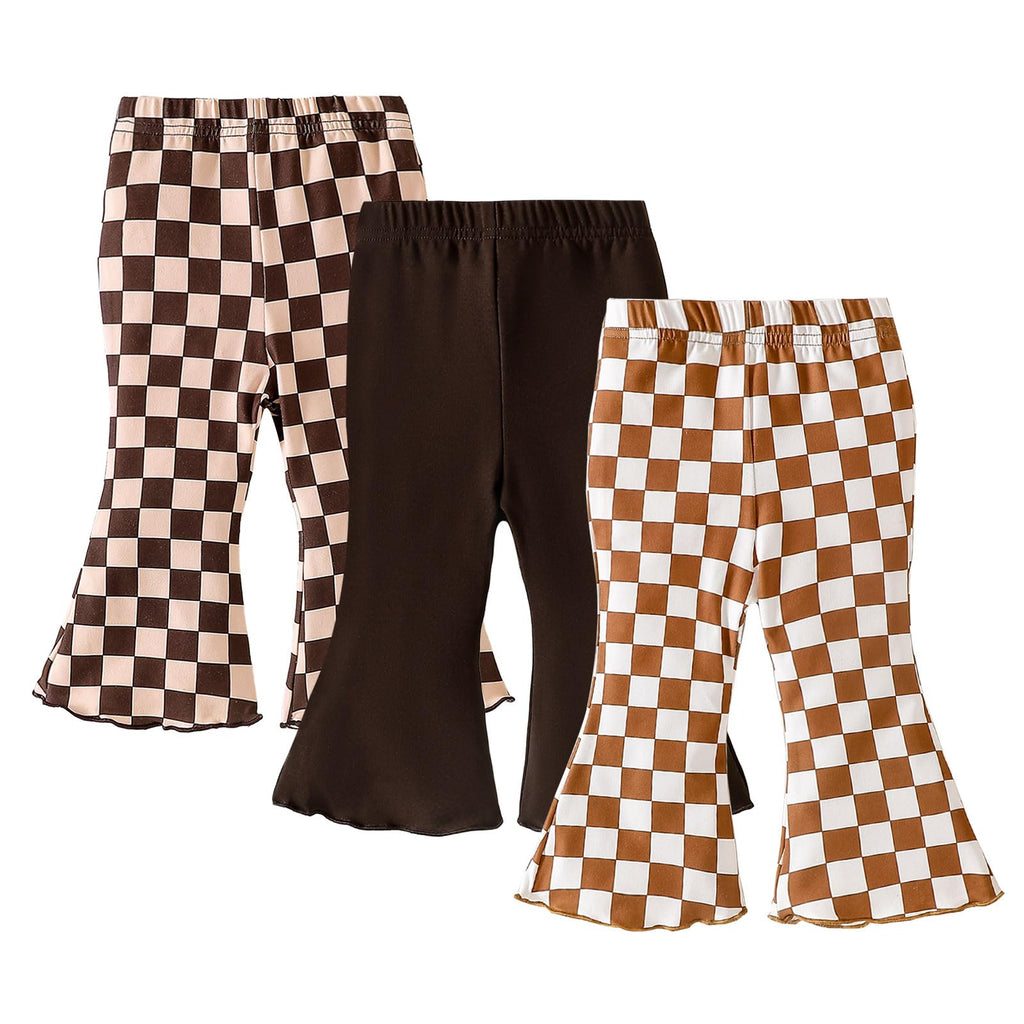 SOBOWO Checkered Baby Girl Flare Pants 3 Pack Toddler Bell Bottoms Plaid Ruffle Leggings Pants Fall Winter Outfits Size 6M-4T(18-24 Months, Brown&Pink Plaid/Brown/Caramel&White Plaid)