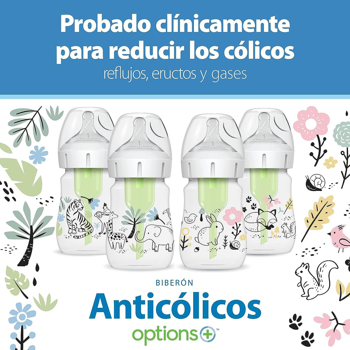 Dr. Brown's Anti-Colic Options+ Wide-Neck Baby Bottles, Jungle, 2-Pack