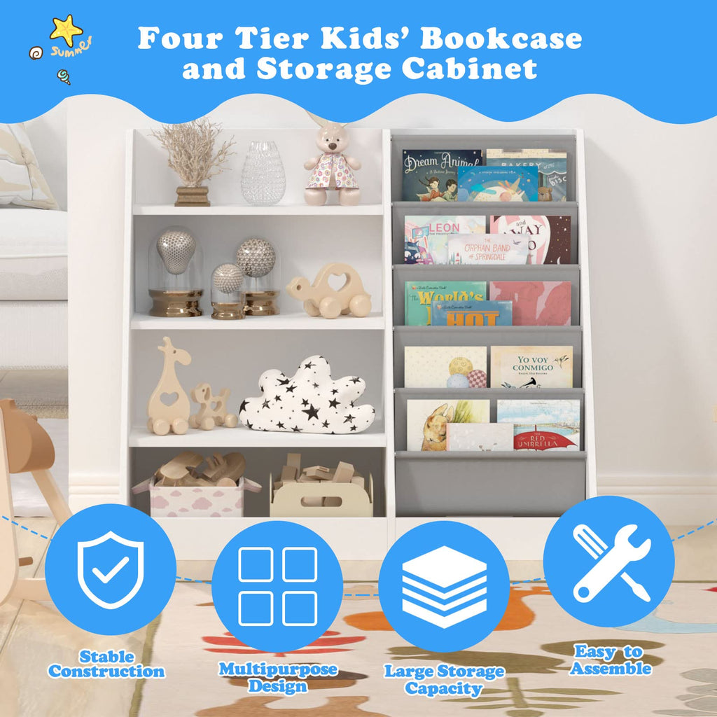 HedoAjim 4 Tier Kids Wooden Bookshelf, 5 Layer Sling Toddler Bookcase,Baby Storage Book Rack,Book and Toy Organizer Cabinet,Children Book Display,Playroom Nursery Classroom Kid Room