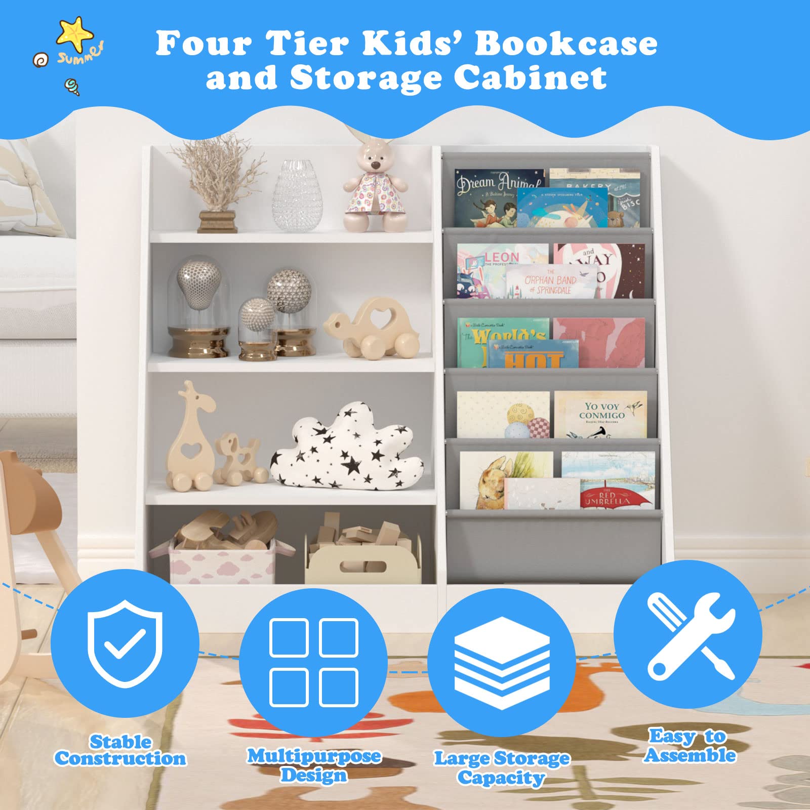 HedoAjim 4 Tier Kids Wooden Bookshelf, 5 Layer Sling Toddler Bookcase,Baby Storage Book Rack,Book and Toy Organizer Cabinet,Children Book Display,Playroom Nursery Classroom Kid Room