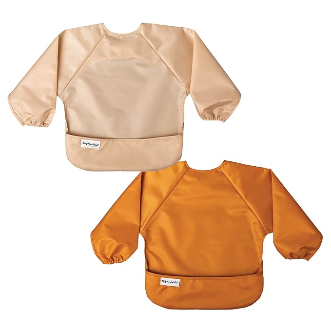 Tiny Twinkle Long Sleeve Bib for Babies & Toddlers – 2 Pack Waterproof Smock Bibs for Eating – Machine Washable & Mess-Proof, Baby Feeding Essential & Shower Must-Have (Sand Cinnamon,2-4Y)