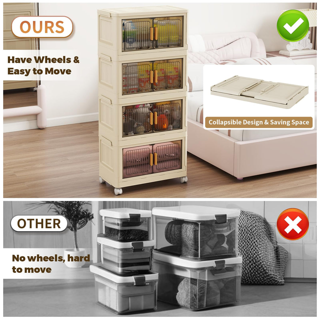 4 Tier Stackable Plastic Storage Bins with Lids 48QT, Collapsible Closet Organizers and Storage with Wheels for Living Room,Office,Dorm