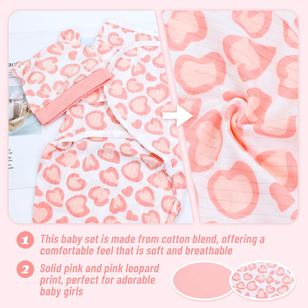 Cinaci 2 Pack Adjustable Soft Cotton Blend Newborn Baby Receiving Swaddle Blankets Sleep Sacks with Nursery Hats Caps Beanies Bonnets for Baby Girls Boys Newborns Infants