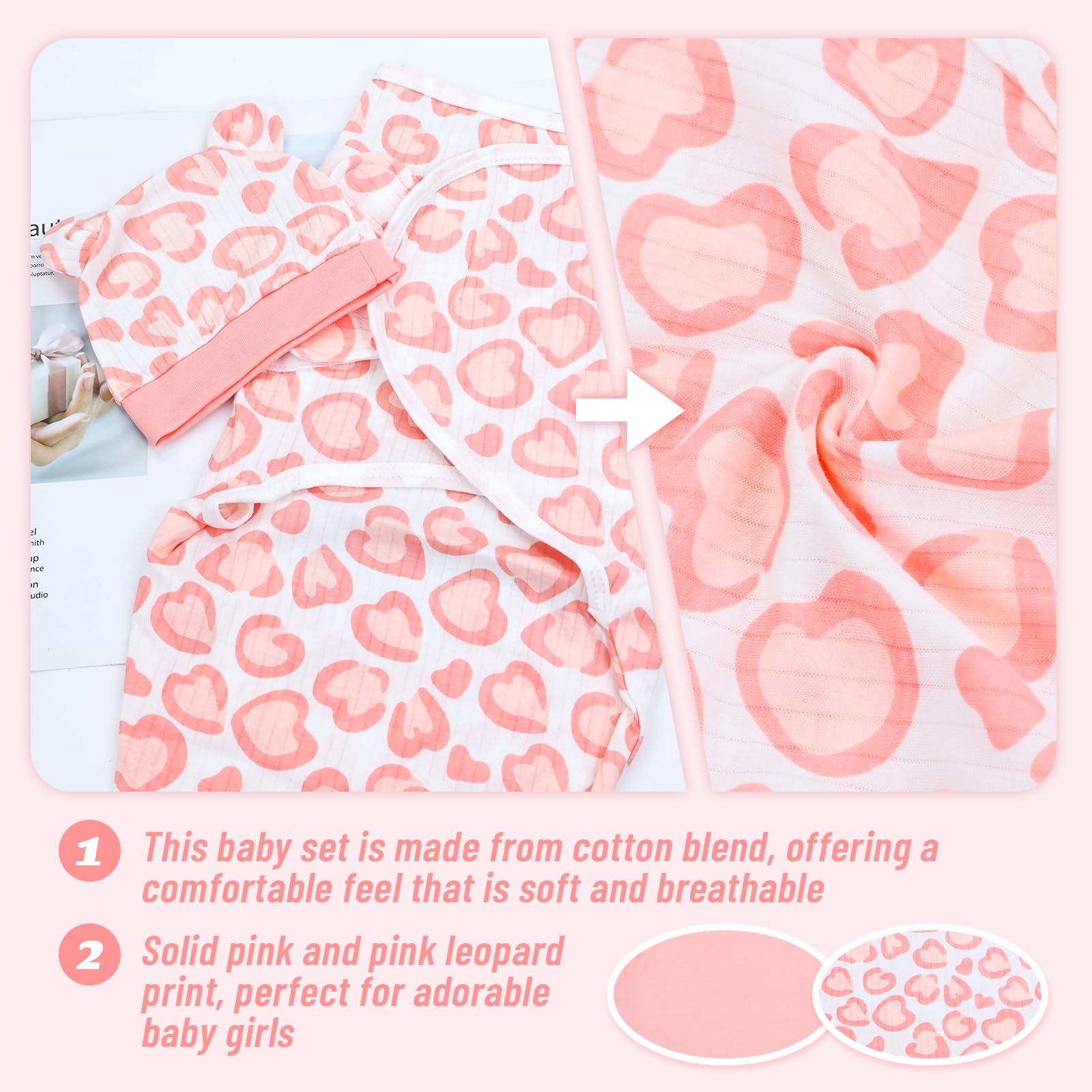 Cinaci 2 Pack Adjustable Soft Cotton Blend Newborn Baby Receiving Swaddle Blankets Sleep Sacks with Nursery Hats Caps Beanies Bonnets for Baby Girls Boys Newborns Infants
