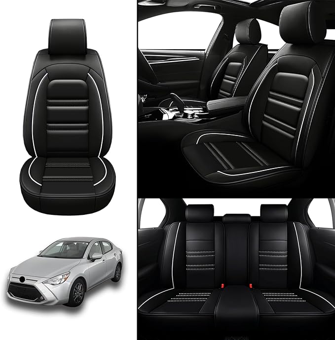 Seat Covers for Toyota Yaris 2007-2020 | 5-Seats Leather Seat Covers, Easy to Install Automotive Seat Covers Full Set (Full Set, Black&White Line)
