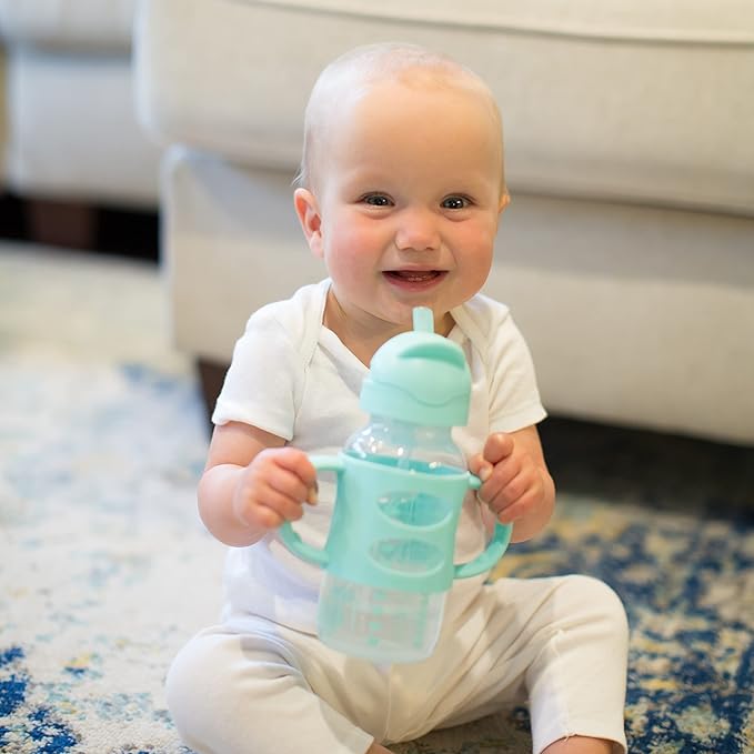 Dr. Brown's Milestones Wide-Neck Sippy Straw Bottle with 100% Silicone Handles and Weighted Straw, 9 oz/270 mL, Gray & Green, 6m+