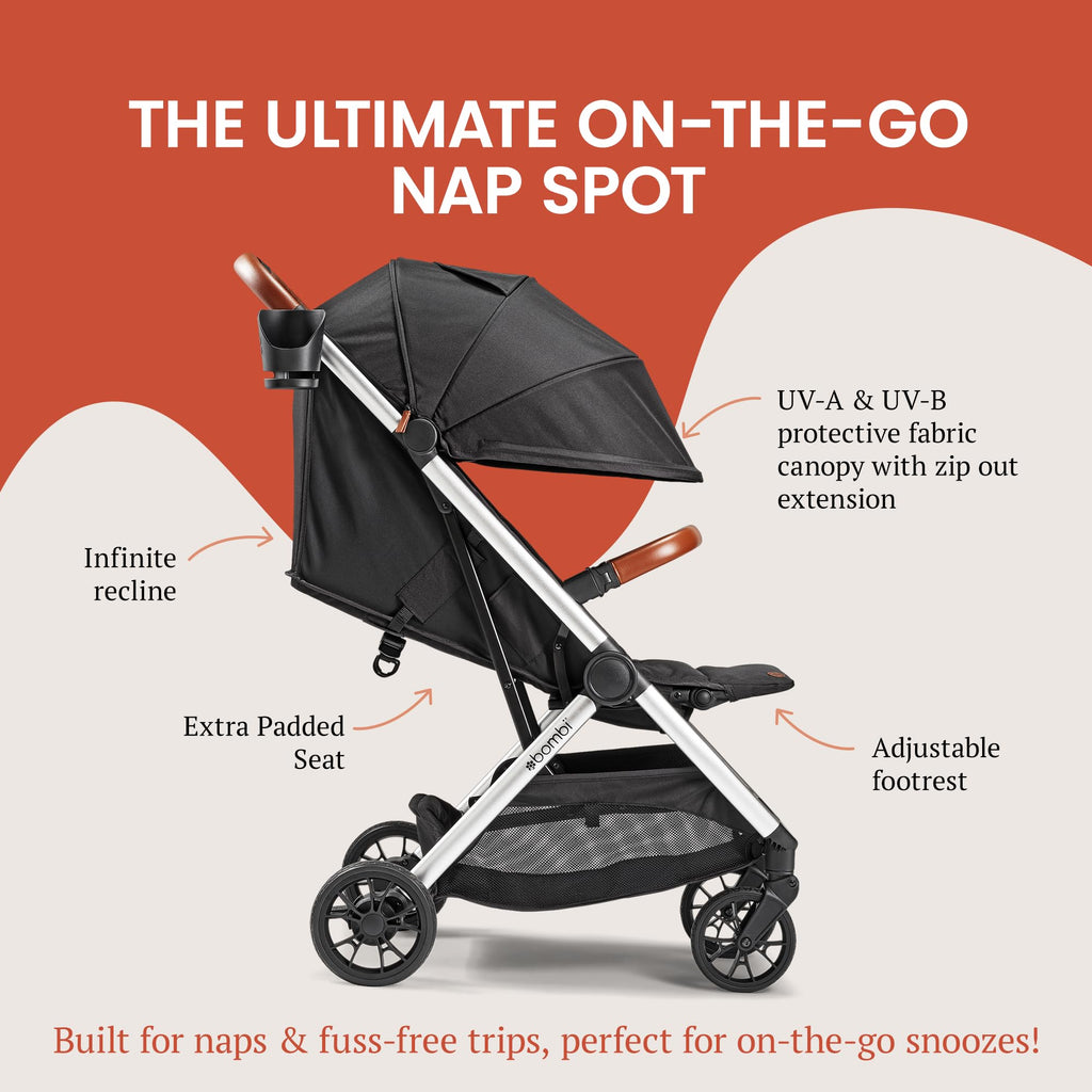 Bombi Bēbee V2 Lightweight Baby Stroller - Premium Vegan Leather, One-Hand Fold, Infinite Recline, Aircraft-Grade Aluminum Frame, XXL Canopy, and Ample Storage Umbrella Stroller - Storm Blue