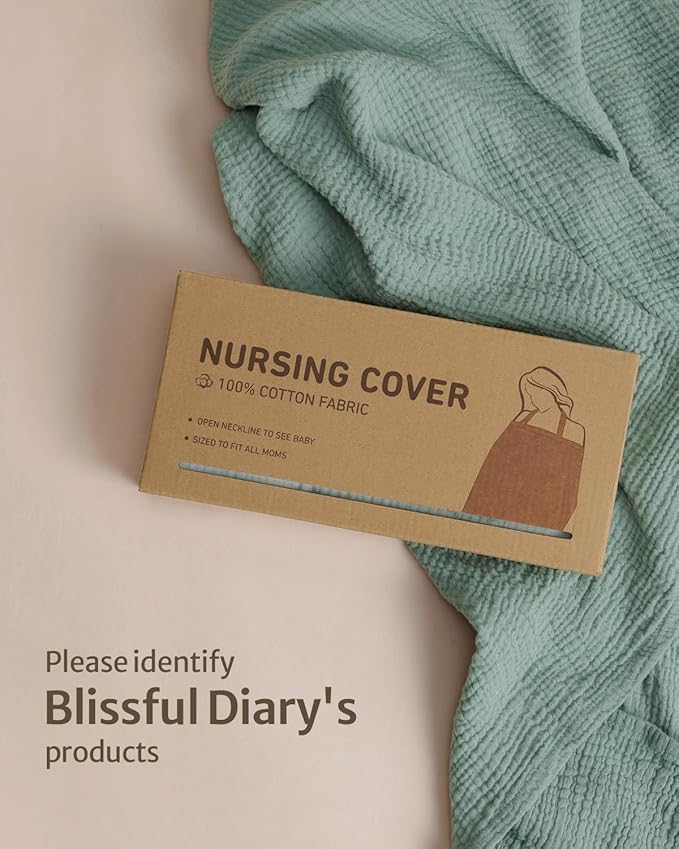 Blissful Diary Muslin Nursing Cover for Breastfeeding, Breathable Breastfeeding Cover up with Arch Neckline for Women, Nursing Apron (Roman Green)