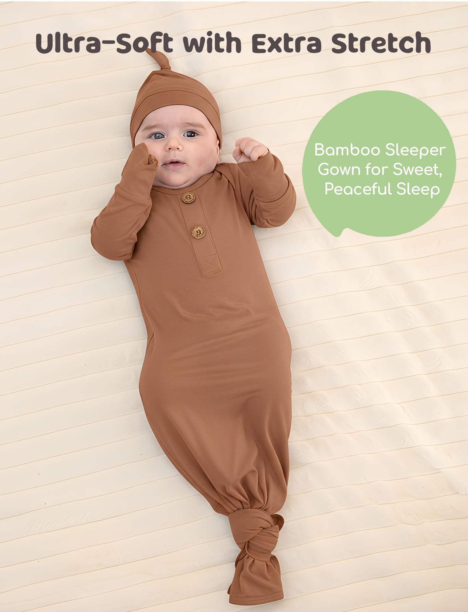 PATPAT Baby Sleeper Gown with Bamboo Viscose for Newborn Girls Boys, Knotted Nightgown with Mittens for Infant Home Coming, Brown-Hat, 0-3M