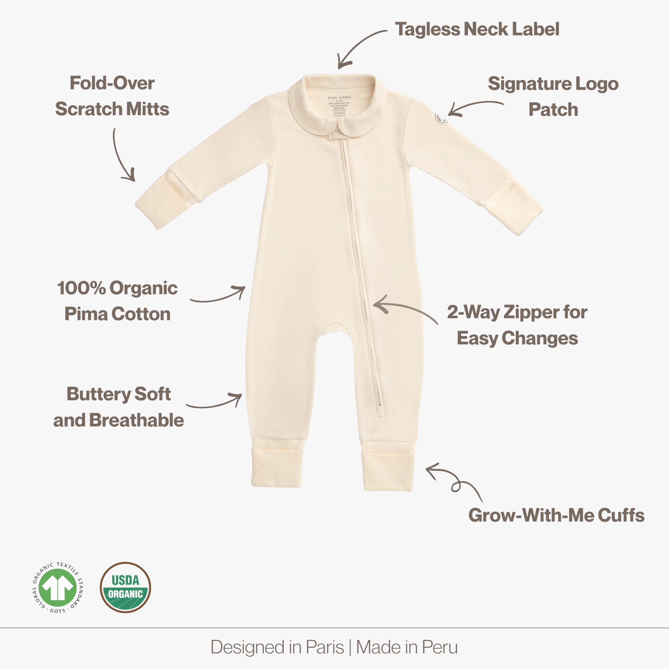 MON CHOU 100% Organic Pima Cotton Baby Pajamas – Snug Fit Long Sleeve Fold-Over Mittens & Convertible Footie with 2-Way Zipper for Boys & Girls, Sizes 0–18M (Ivory, 3-6 Months)