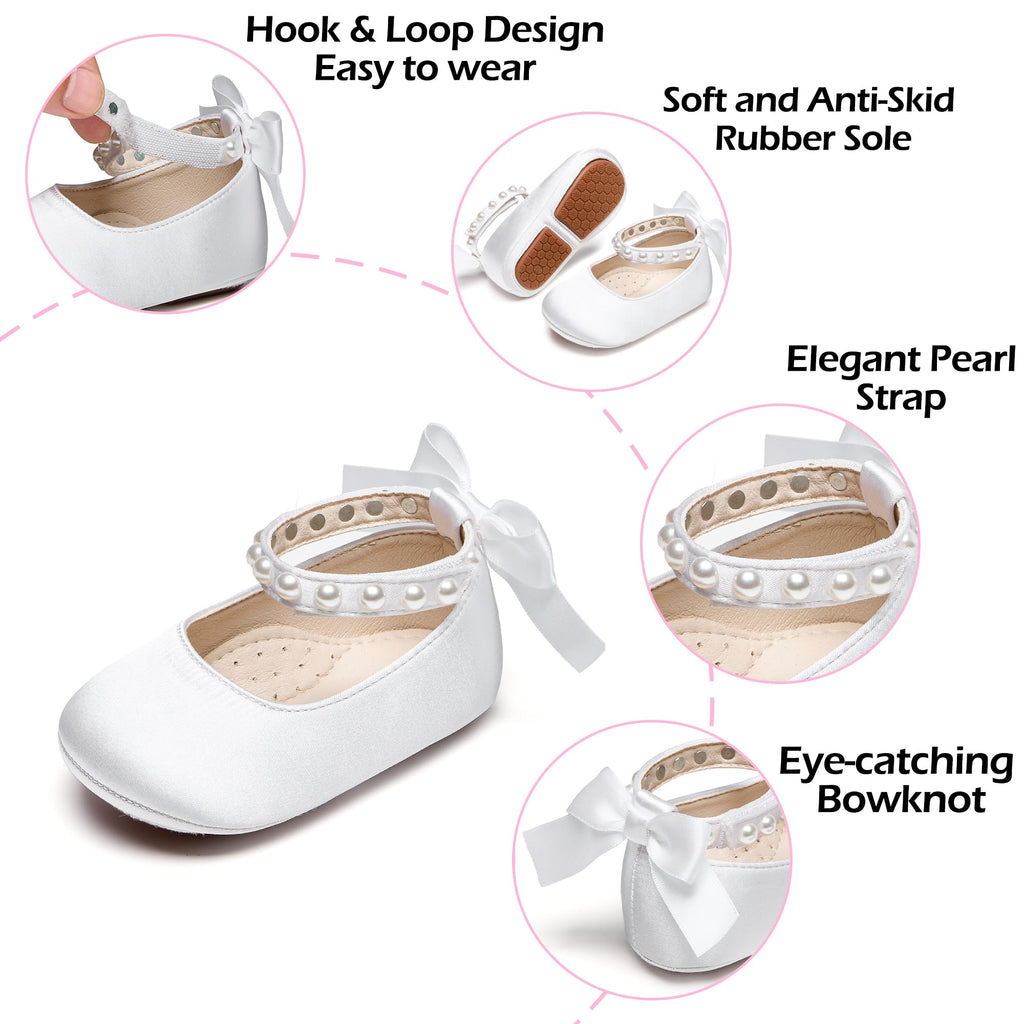 PHIRAMIN Baby Girls Satin White Mary Jane Flats - Infant 12-18 Months Walking Shoes Soft Rubber Sole Princess Wedding