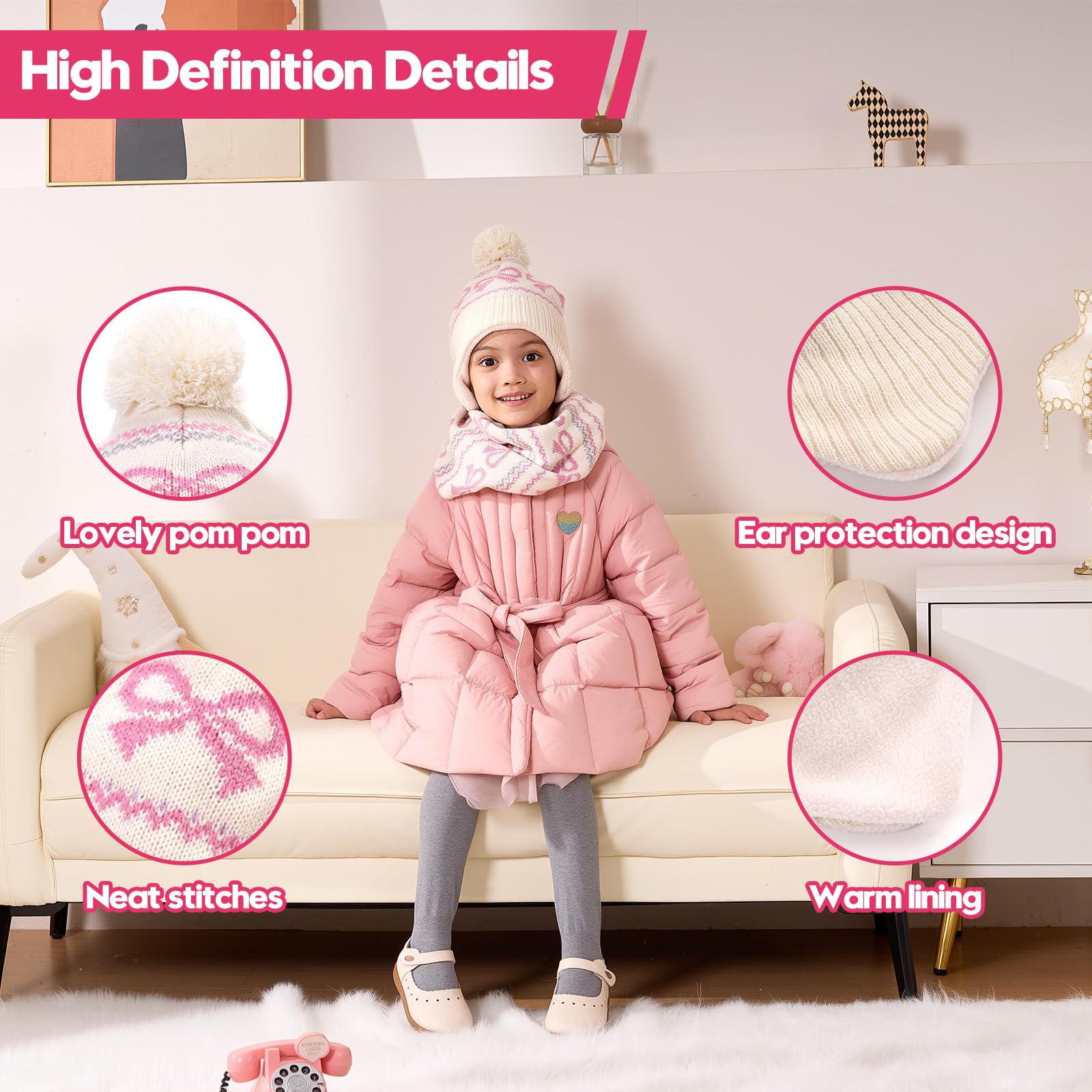 Moon Kitty Baby Girls Hat with Ear Flaps Toddler Beanies Baby Boys Girls Beanies Kids Winter Hats Soft Acrylic Knit & Fleece Lined Caps Beige