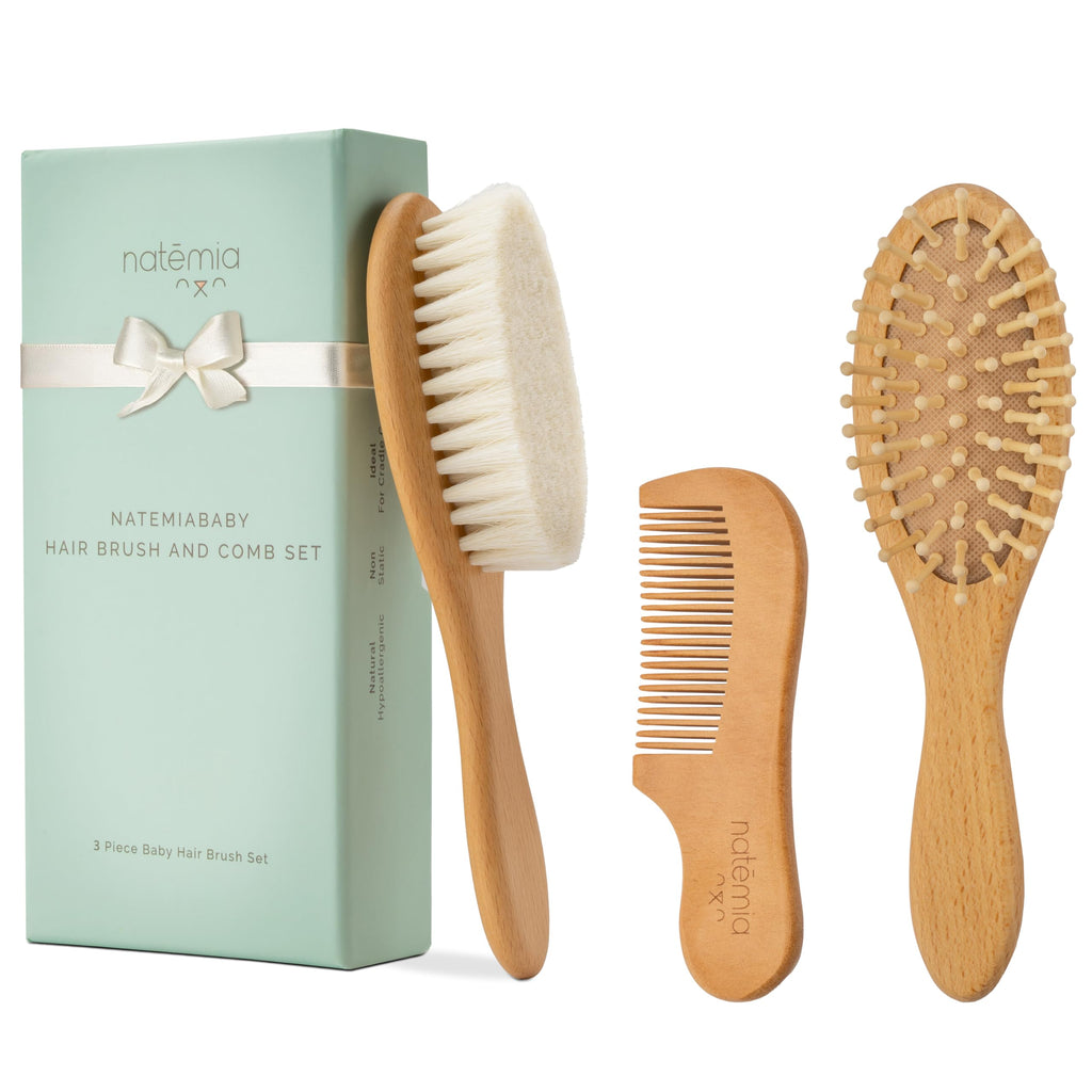 Natemia Wooden Baby Hair Brush & Comb Set - Natural Goat Hair Bristles & Soft Bristle Brush - Gentle Scalp Massage & Cradle Cap Comb - For Newborns & Toddlers, Baby Grooming Kit