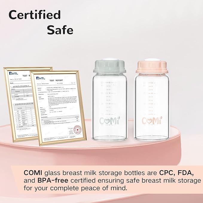 COMI Natural Glass Baby Bottle,Standard Neck Breastmilk Storage Bottle for Fridge,Breast Milk Container,Breast Pump Bottle Compatible with Medela Breast Pump,BPA Free,4PCS (5oz,4 Gray Lids)