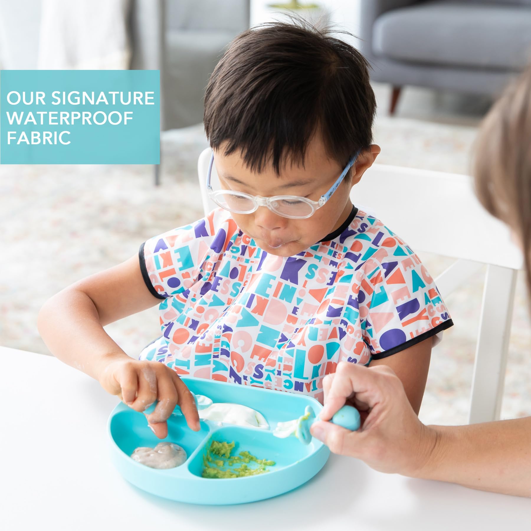 Bumkins Short Sleeve Bib for Girl or Boy, Toddler and Kids for 1-3 Years, Large Size, Essential Must Have for Junior Children, Eating, Mess Saving Soft Fabric Apron for Play, Born This Way Kindness