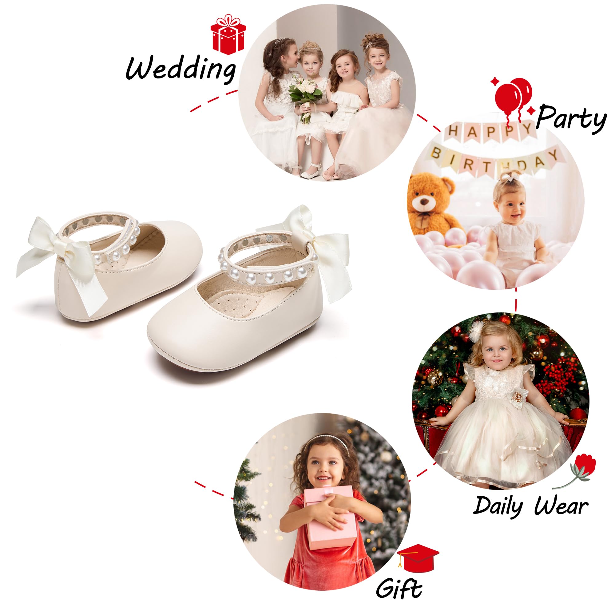PHIRAMIN Baby Girls Beige Mary Jane Flats - Infant 9-12 Months Walking Shoes Soft Rubber Sole Princess Wedding