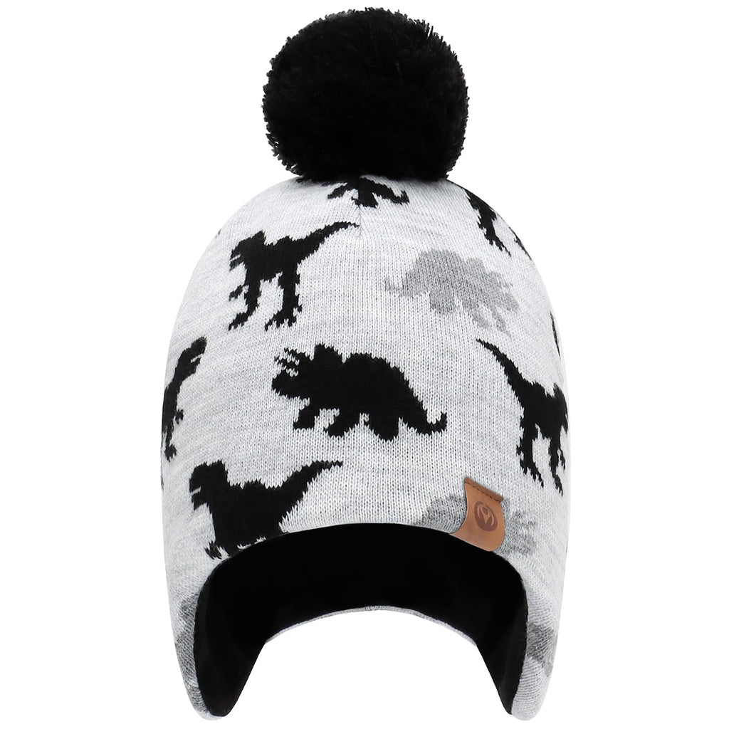 Duoyeree Kids Beanie Dinosaur Pom Pom Knit Winter Hat Fleece Lined for 1-7T