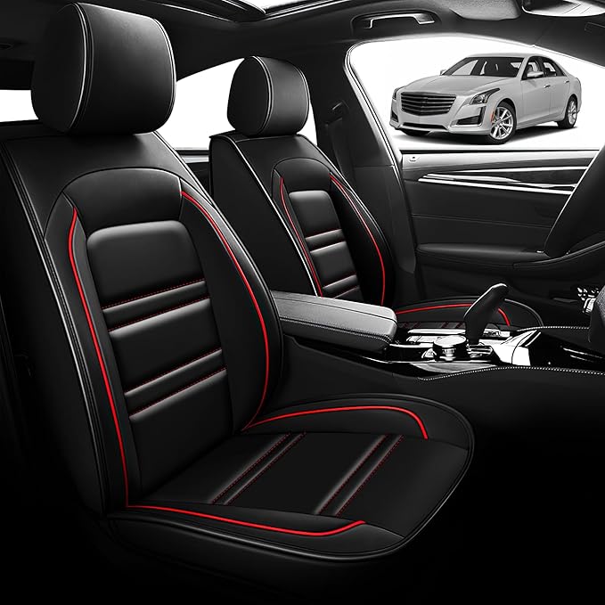 Seat Cover for Cadillac cts 2003-2019 | Car Seat Covers Front Seats, Waterproof Seat Protectors, Automotive Front Seat Covers (Front Seat, Black&Red Line)