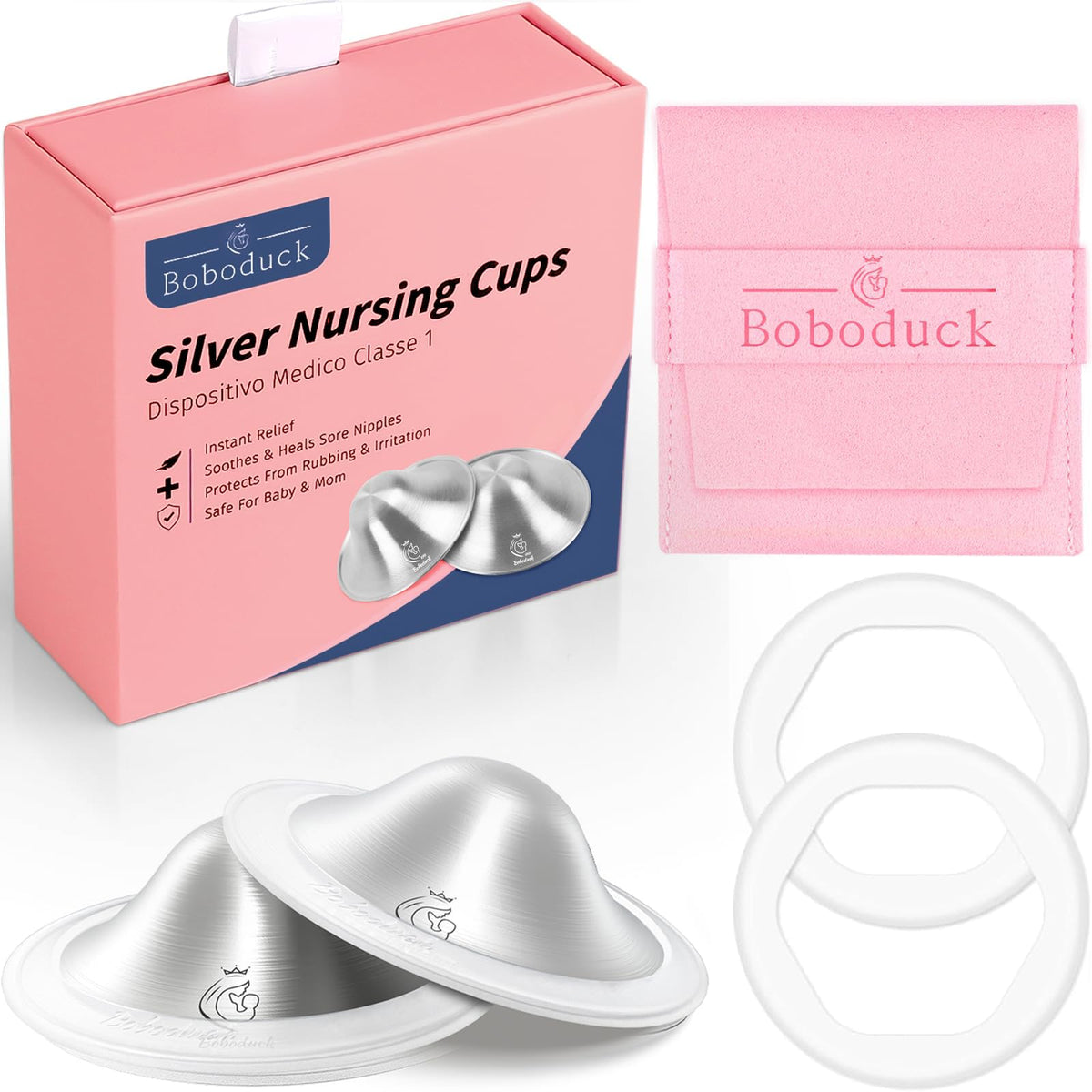 Boboduck 925 Silver Nipple Covers Breastfeeding - The Original Silver Nursing Cups - Protect and Soothe Sore Nipples - Silver Nipple Shield Guards with Soft Silicone Ring