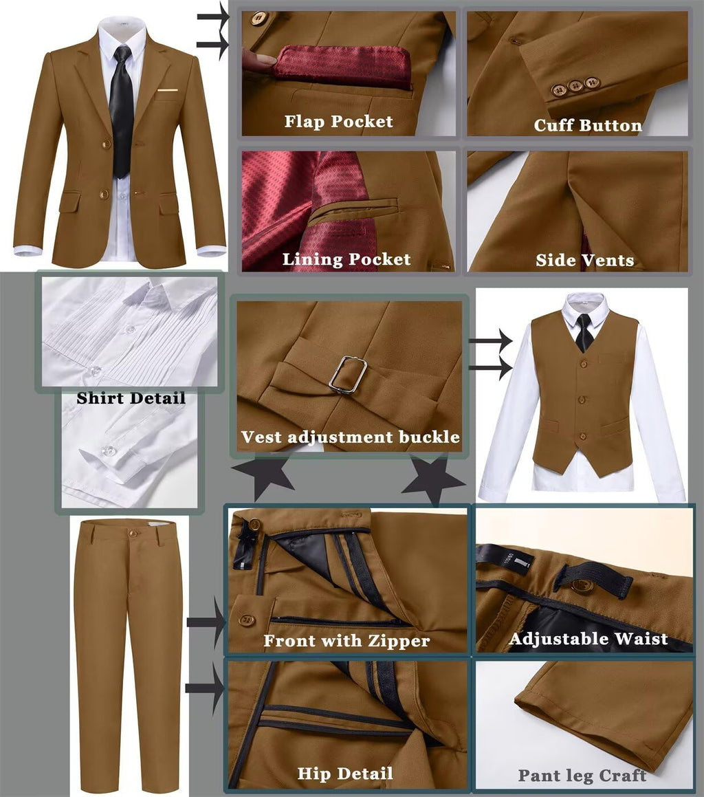 Boys Suit 6 Piece Formal Tuexdo Suit Set Boy Dress Outfit Dark Khaki 4