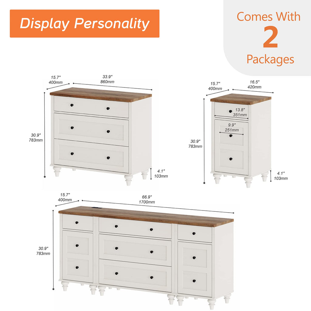 WAMPAT Farmhouse Nightstands with Charging Station for Living Room, Mid Century Modern Kids Storage Cabinet with Vintage Chest of Drawers for Nursery, White/Oak