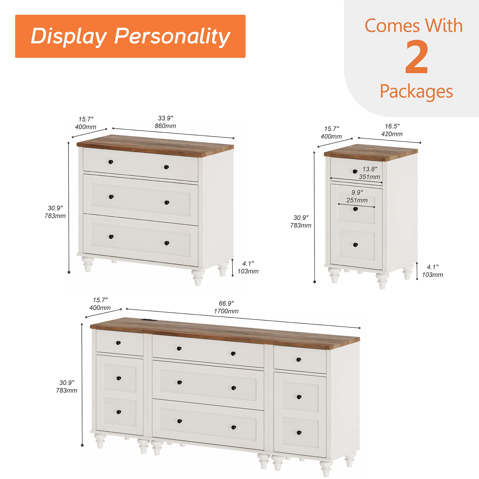 WAMPAT Farmhouse Nightstands with Charging Station for Living Room, Mid Century Modern Kids Storage Cabinet with Vintage Chest of Drawers for Nursery, White/Oak