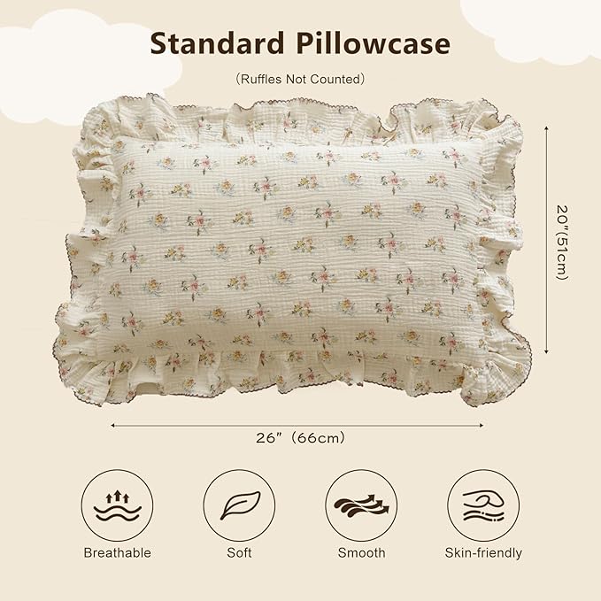 BuLuTu Cotton Muslin Kids Toddler Pillowcase with Cute Azalea Flowers Pattern Super Soft Crib Nursery Pillowcase for Boys,Girls,Bedding Decor Machine Washable, Durable Pillowcase,1 Piece,Standard