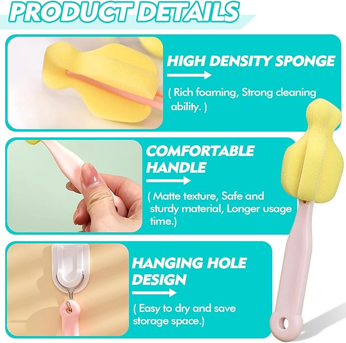 Sponge Bottle Brush 12 PCS Sponge Nipple Brushes Baby Bottle Nipple Cleaning Brush Long Handle Baby Milk Bottle Brush (12PCS)