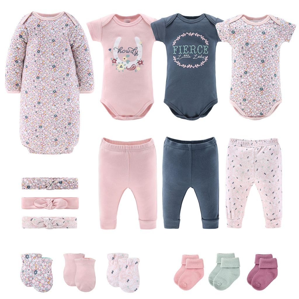 The Peanutshell Baby Layette Gift Set for Girls - 16 Piece New Born Girl Gift Set, Baby Clothes & Newborn Essentials Must Haves - Newborn Clothes 0-3 Months - Prairie Floral