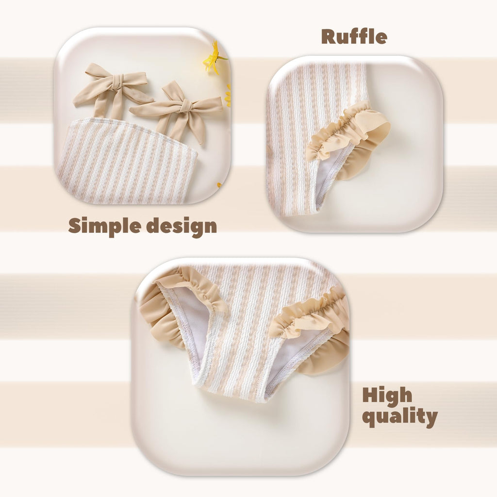 Happy Town Toddler Swimsuit Girl Solid Color Stripe One-Piece Baby Bathing Suits (Beige Almond Stripe, 12-18 Months)